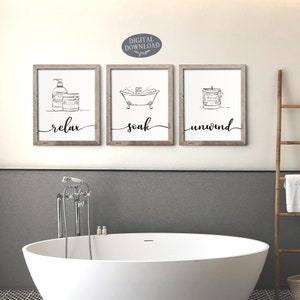 Relax Soak Unwind Printable Bathroom Wall Decor, Black and White ...