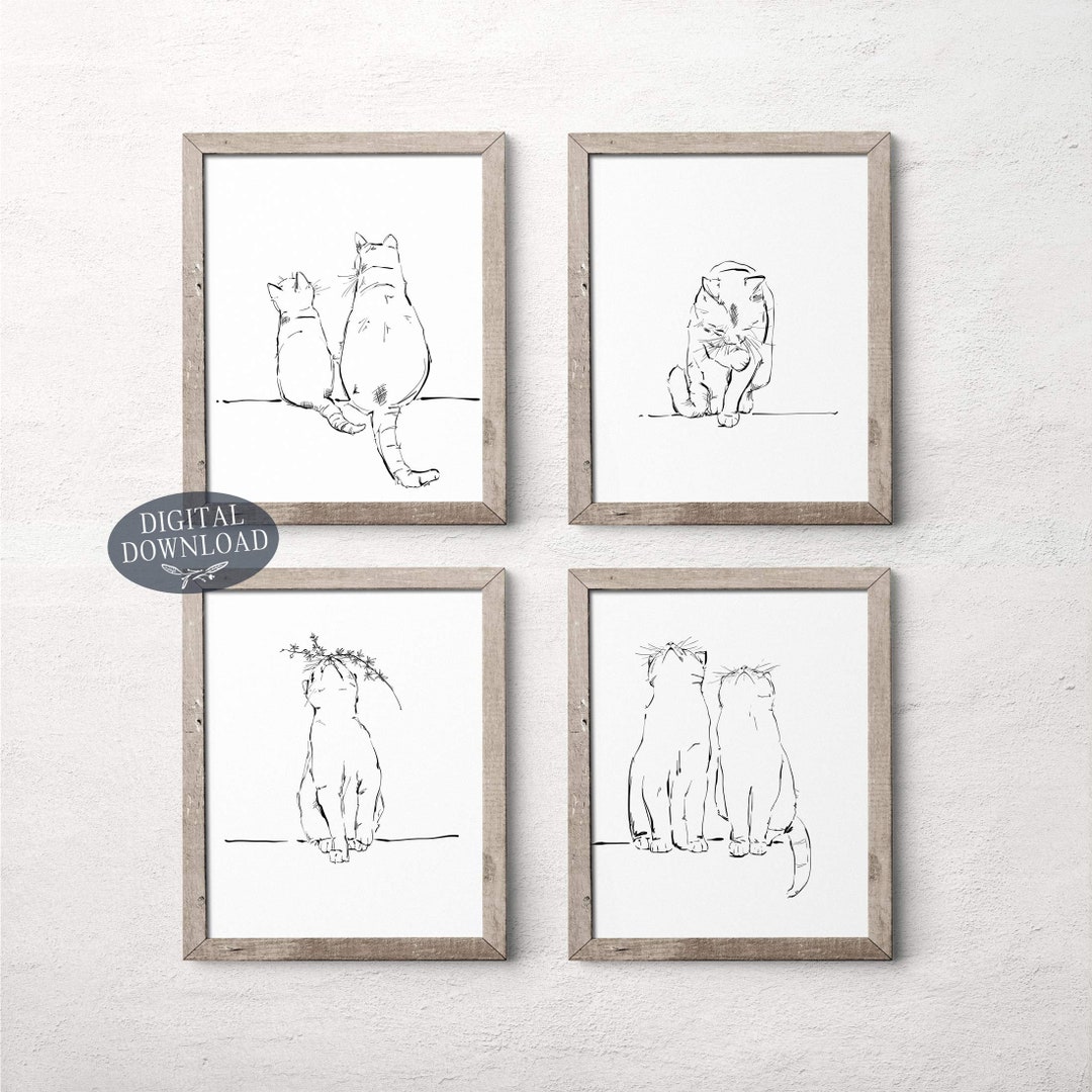 Gallery Wall Set, Cats Printable Wall Art, Set of 4 Prints, Black and ...