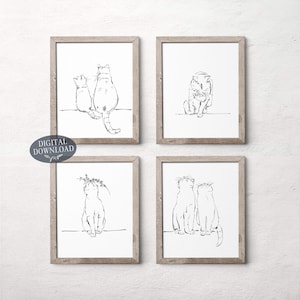 Gallery Wall Set, Cats Printable Wall Art, Set of 4 Prints, Black and White Nursery Cat Line Art, Living Room Wall Decor, Digital Download