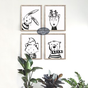 Nursery Animal Printable Wall Art, Set of 4 Black and White Kids Room ...