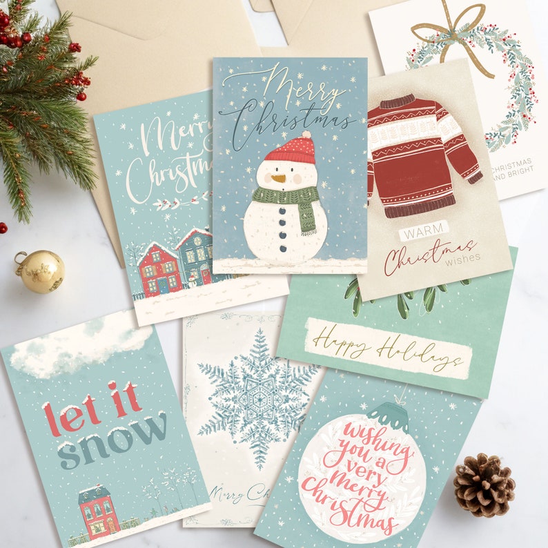Bundle of 8 Printable Christmas Cards, DIY Digital Download 5x7 Holiday