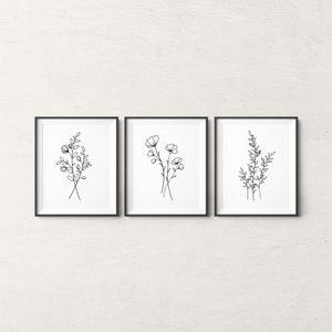 Botanical Wall Art, Set of 3 Flower Line Art Prints, Black and White ...