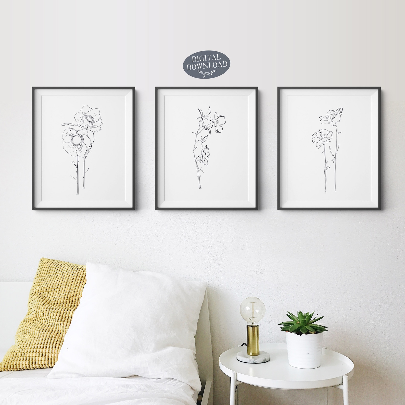 Grey Botanical Printable Wall Art, Botanical Print Set, Set of 3 Prints ...