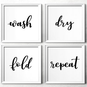 Wash Dry Fold Repeat Rustic Laundry Room Decor, Set of 4 Prints, Black ...