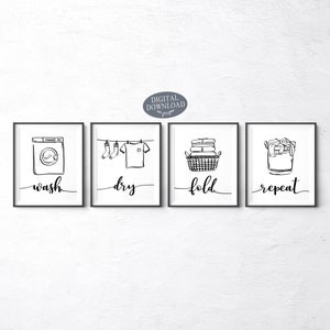 Könnte beinhalten: Vier Schwarzweißillustrationen mit dem Text "waschen", "trocknen", "falten" und "wiederholen". Die Illustrationen zeigen eine Waschmaschine, Wäsche, die an einer Leine hängt, einen Korb mit gefalteter Wäsche und einen Wäscheeimer.