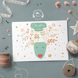 Carte de Noël imprimable, carte de renne de Noël mignonne, carte de vœux de vœux de Noël paysage 5x7, téléchargement numérique imprimables de Noël
