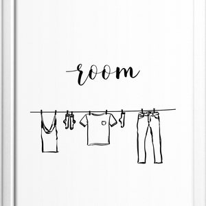 Puede incluir: Ilustraci&oacute;n en blanco y negro de un tendedero con una camiseta sin mangas, calcetines, una camiseta, calcetines y pantalones vaqueros colgados. El texto "room" est&aacute; escrito encima del tendedero.