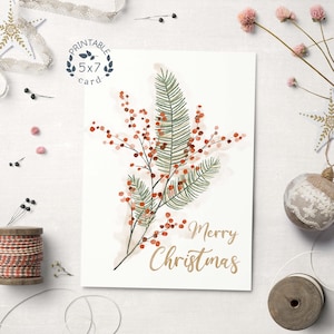 Tarjeta de Navidad imprimible, tarjeta 5x7 de vegetación navideña de acuarela, tarjeta de felicitación moderna de Feliz Navidad, descarga digital de vacaciones de invierno