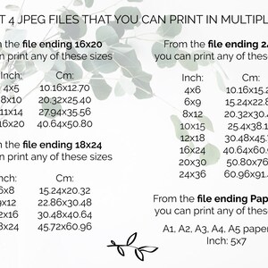 Puede incluir: Un fondo blanco con hojas verdes y texto que dice "You get 4 JPEG files that you can print in multiple sizes". El texto enumera diferentes tama&ntilde;os de archivo y sus dimensiones correspondientes en pulgadas y cent&iacute;metros.