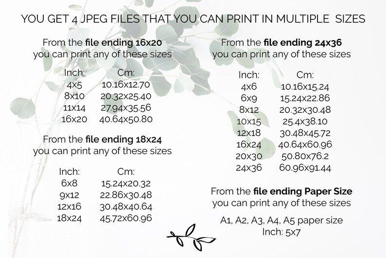 Puede incluir: Un fondo blanco con hojas verdes y texto que dice "You get 4 JPEG files that you can print in multiple sizes". El texto enumera diferentes tama&ntilde;os de archivo y sus dimensiones correspondientes en pulgadas y cent&iacute;metros.