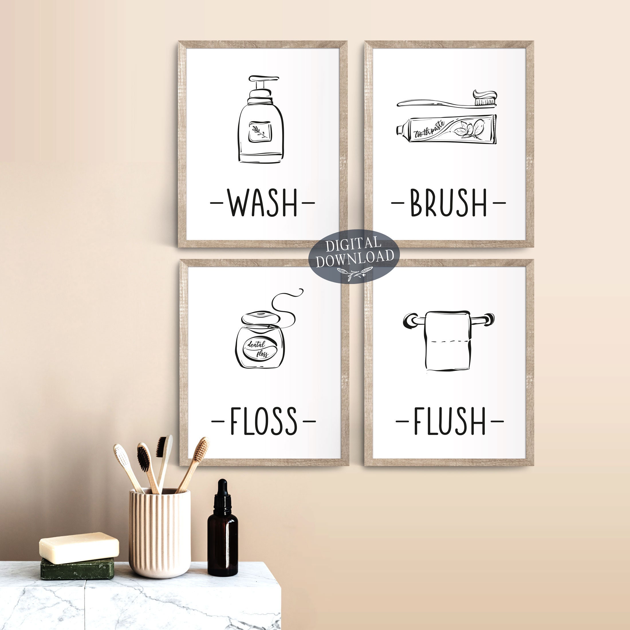 Wash Brush Floss Flush Kids Bathroom Wall Art Gallery Wall | Etsy