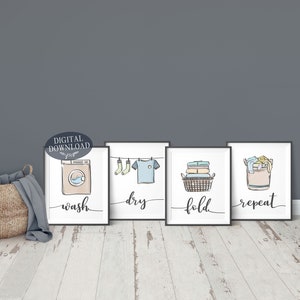 Colorful Laundry Room Decor, Wash Dry Fold Repeat Printable Wall Art ...