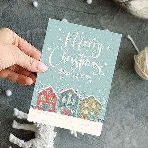 Tarjeta de Navidad imprimible, tarjeta Feliz Navidad 5x7, ilustración de Winter Village, DIY colorida descarga digital tarjeta de felicitación artesanal de Navidad