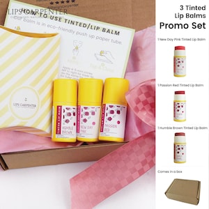 Set 3x Moisturising Tinted Lip Balms 6g - Dry Lips, Cracked Lips, Eco-friendly, Natural Lip Balm, Christmas gift