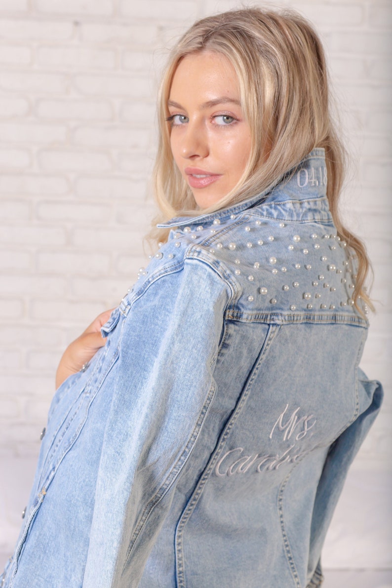 Embroidered Jean Jacket, Bridal Jean Jacket, Denim Jacket, Pearl Jean Jacket, Cute Jean Jacket, Bride Jacket image 2