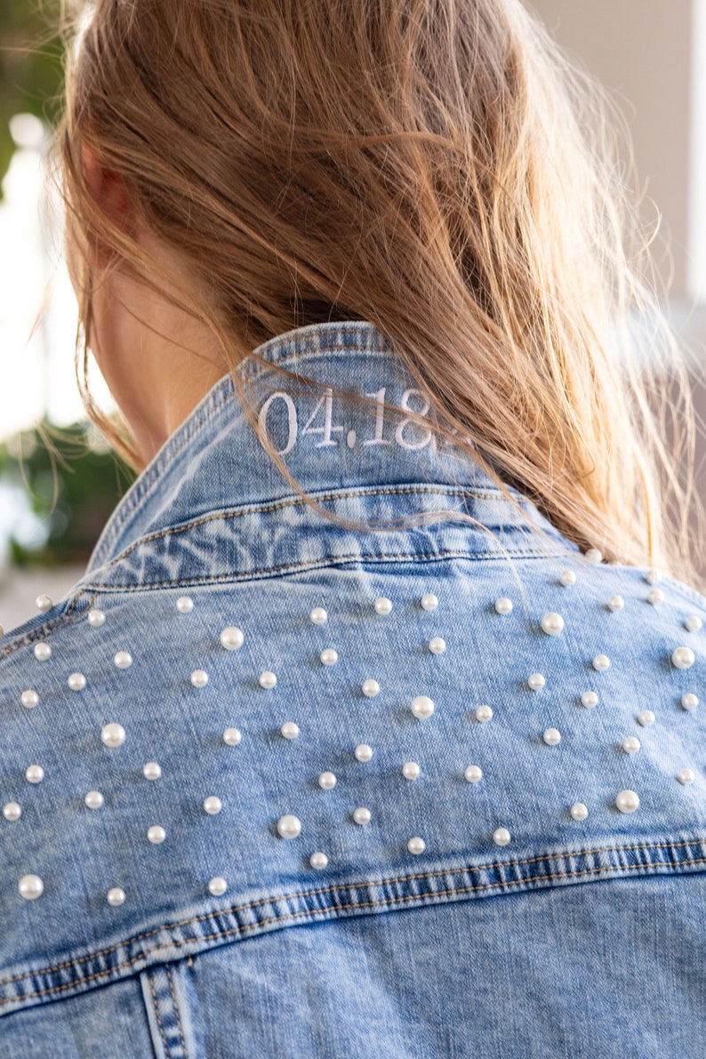 Embroidered Jean Jacket, Bridal Jean Jacket, Denim Jacket, Pearl Jean Jacket, Cute Jean Jacket, Bride Jacket image 5