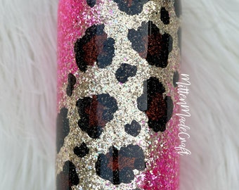 Hot Pink and Leopard Glitter Tumbler | Glitter Tumbler | Personalized Glitter Tumbler | Hot Pink Glitter Tumbler | Leopard Glitter Tumbler