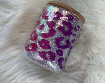 Vaso con purpurina de leopardo / Temática de leopardo / Vaso con purpurina / Vaso con forma de bola de nieve / Vaso de café / Taza de vidrio
