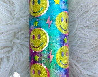 Smiley Face Glitter Tumbler | Smiley Tumbler | Tie Dye Tumbler | Ready To Ship Tumbler