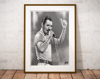 Ilustración QUEEN  - FREDDIE Mercury Live. Black & White. A3 Format. Printable Art, Digital Download, Download JPG. Pop Rock
