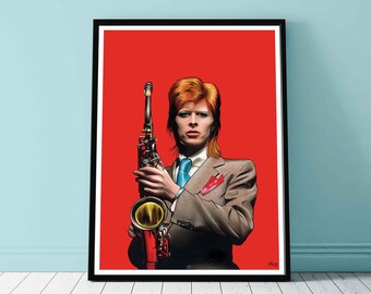 David Bowie saxofonillustration, 1973. A3-tryck. Musik. Poprock. Glamour. Utskrivbar konst, digital nedladdning. Popkonst