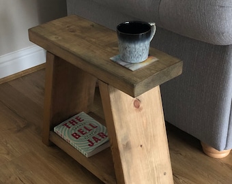 Handcrafted Chunky Solid Wooden A-Shaped Side End Table with Rustic Oak Finish