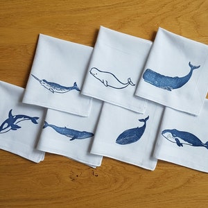 SEVEN WHALES - Cotton fabric handkerchiefs printed with blue whale, sperm whale, fin whale, narwhal, beluga whale, humpback whale and orca