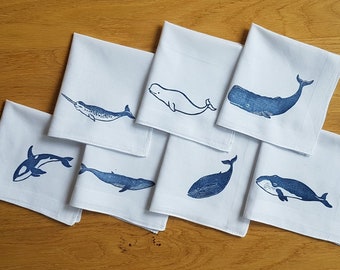 SEVEN WHALES - Cotton fabric handkerchiefs printed with blue whale, sperm whale, fin whale, narwhal, beluga whale, humpback whale and orca