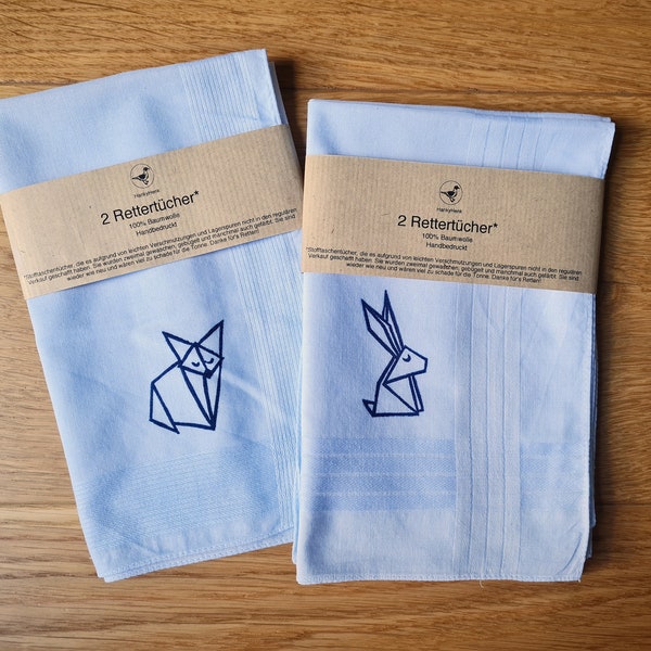 BIG ORIGAMI - 2 Stofftaschentücher für Herren mit Origamimotiven - Rettertücher aus Baumwolle, weiß und hellblau