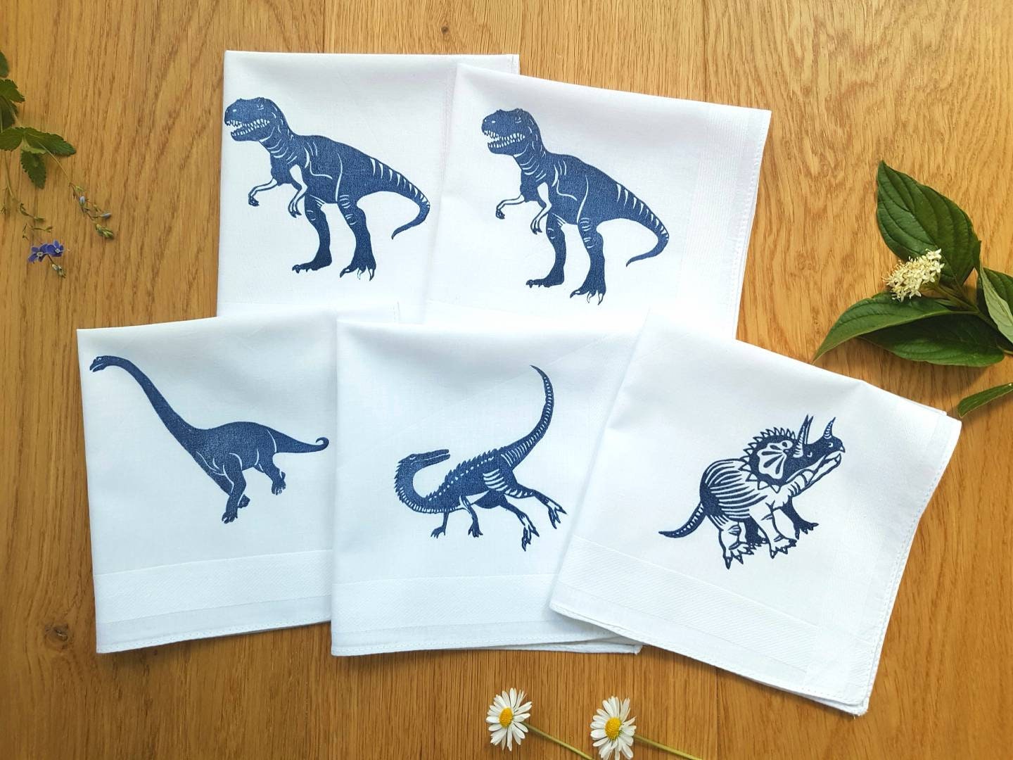 Fabric handkerchiefs, dinosaurs, printed with T-Rex, Triceratops, Bra…