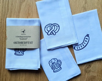 OKTOBERFEST - fabric handkerchiefs made of cotton, in a set or individually, with a print of beer, pretzels and sausages