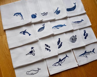 Fabric napkins - maritime - hand printed - many motifs to choose from - cotton - white napkin with print