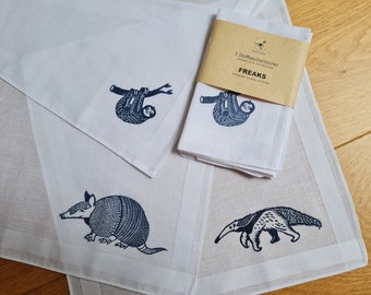 FREAKS - three fabric handkerchiefs with animals of the superorder Xenarthra - anteater, armadillo and sloth - cotton - washable