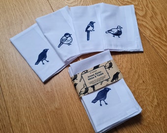 Blackbird, magpie, titmouse & pigeon - four fabric handkerchiefs made of cotton with subtle prints, washable, sustainable, soft quality