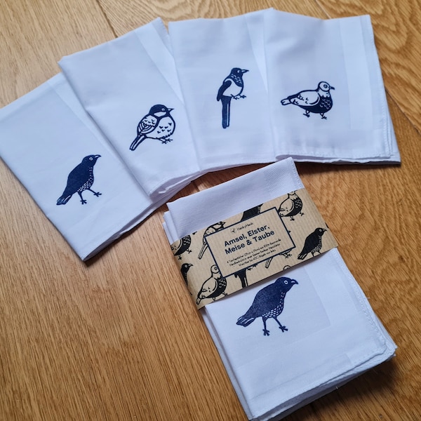 Blackbird, magpie, titmouse & pigeon - four fabric handkerchiefs made of cotton with subtle prints, washable, sustainable, soft quality