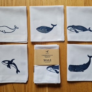 FIVE WHALES - fabric handkerchiefs with blue whale, sperm whale, beluga whale, humpback whale and orca, hand-printed, 100% cotton