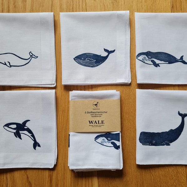 FÜNF WALE - Stofftaschentücher mit Blauwal, Pottwal, Belugawal, Buckelwal und Orca, handbedruckt, 100% Baumwolle