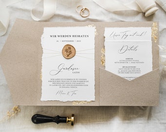 Pocketfold card with elegant design - "Garda" series - high-quality wedding stationery - invitation with gold leaf - pocketfolder daily routine card