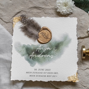 Einladungskarten Moosgrünes Aquarell quadratische Einladung Save the Date Boholook mit Wachssiegel Edle Karte mit Blattgold Bild 1