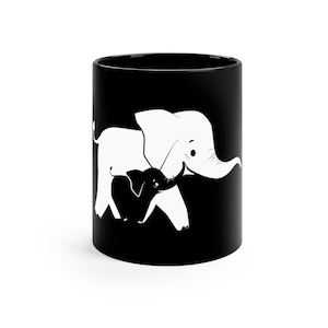 Cute Elephant Baby and Mom Elephant Silhouette Drinking Mug 11oz - Black