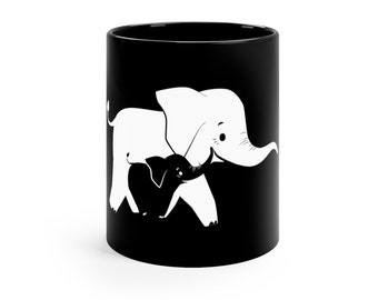 Cute Elephant Baby and Mom Elephant Silhouette Drinking Mug 11oz - Black