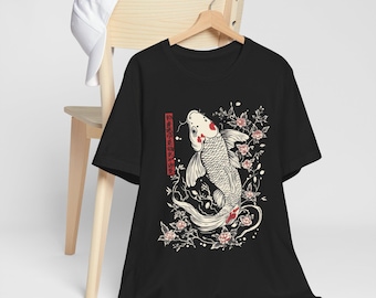 Koi Fish Graphic Tee, Floral Design, Unisex Cotton T-Shirt