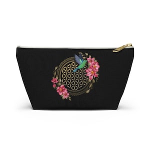 Hummingbird With Flowers and Sacred Geometry Accessory Cosmetic Pouch Bag w T-bottom