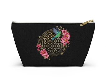 Hummingbird With Flowers and Sacred Geometry Accessory Cosmetic Pouch Bag w T-bottom