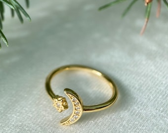 Crescent Star - Moon and Star 14K Gold over Silver 925 Ring with Sparkling Cubic Zirconia Stones | Dainty & Minimalist Adjustable Midi Ring