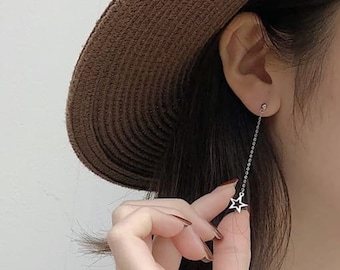 Boucles d'oreilles asymétriques en argent sterling 925 Lumina Star | Boucles d'oreilles tendance avec enfileur de pampilles