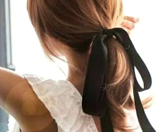 Handmade long tails Hair ties Black/White/Gray Satin ribbons