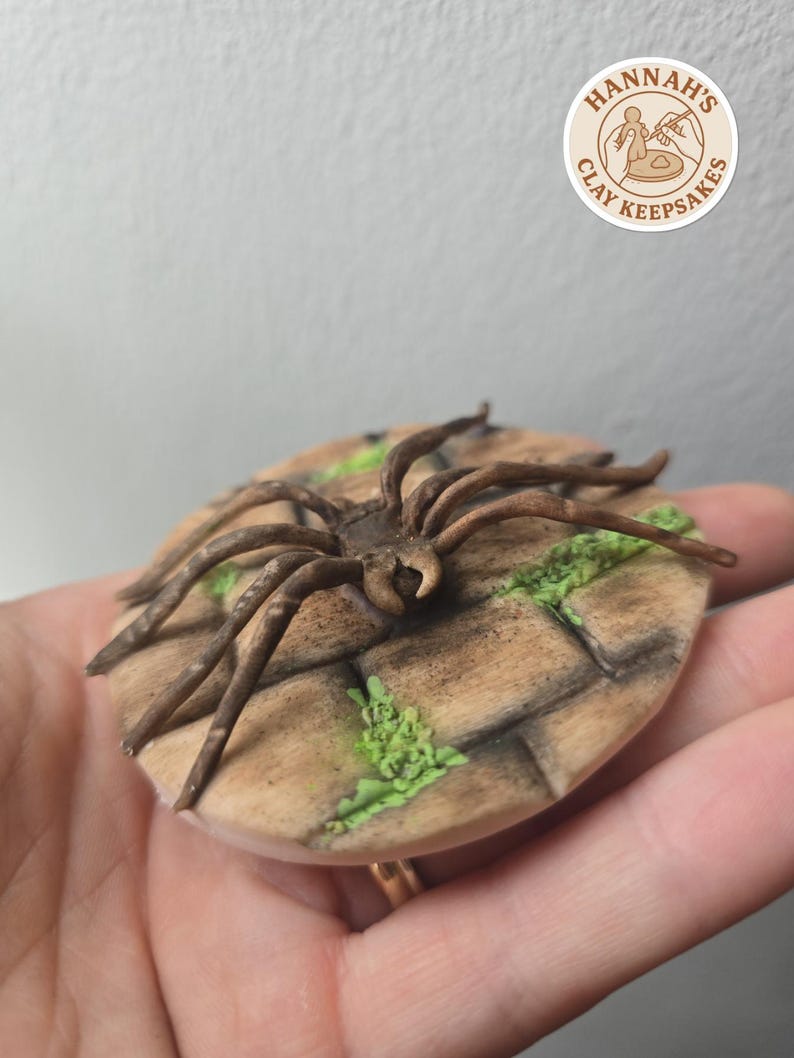 Handmade Clay Spider Ornament, Moss & Cobblestone Base Decor, Realistic ...