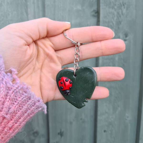 Ladybird keyring, cute animal, leaf, small keyring, affordable gift,birthday, friend, family, handmade clay, green keyring