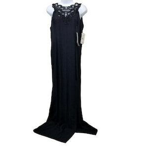 Jessica McClintock Gunne Sax 13 14 Little Black Dress Lace Sequins Front Slit Formal USA Prom Wedding Bridesmaid Gown Sleeveless Fitted LBD